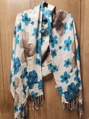 Beige Scarf with Turquoise & Brown Shimmer Floral Print